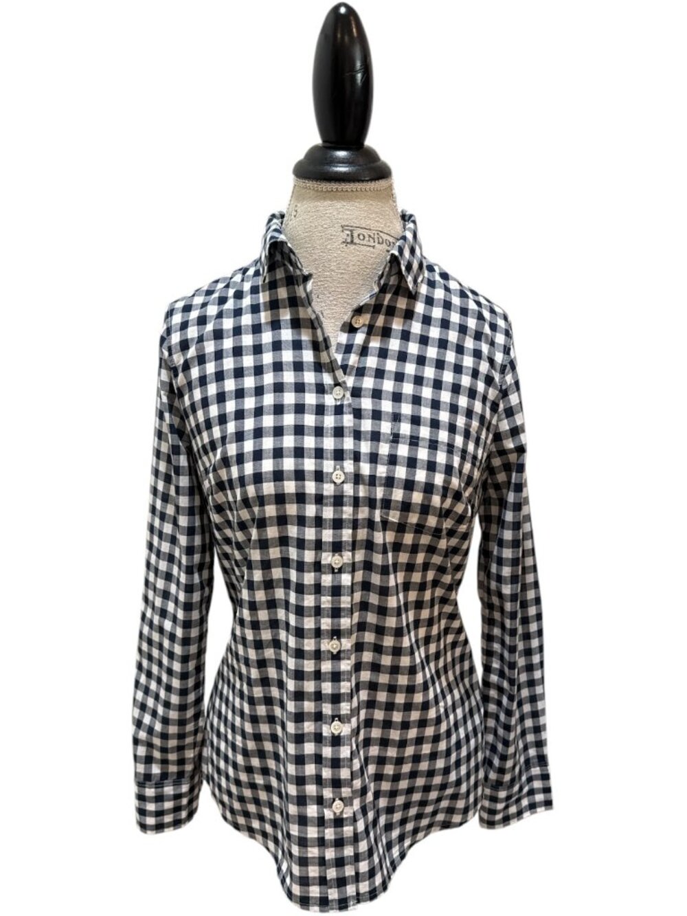 J. Crew Sz S Navy Blue Gingham Plaid Button-Up 1-Pocket Lightweight Blouse